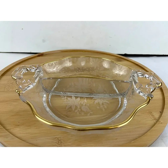VTG Cambridge Divided Handled Relish Glass Dish Wildflower Clear Gold Trim - Picture 2 of 10